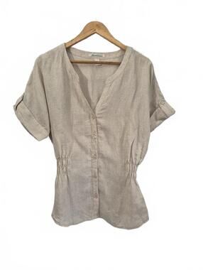 Kenneth Cole New York Ladies Light Tan Beige 100% Linen Blouse Button Front Shor